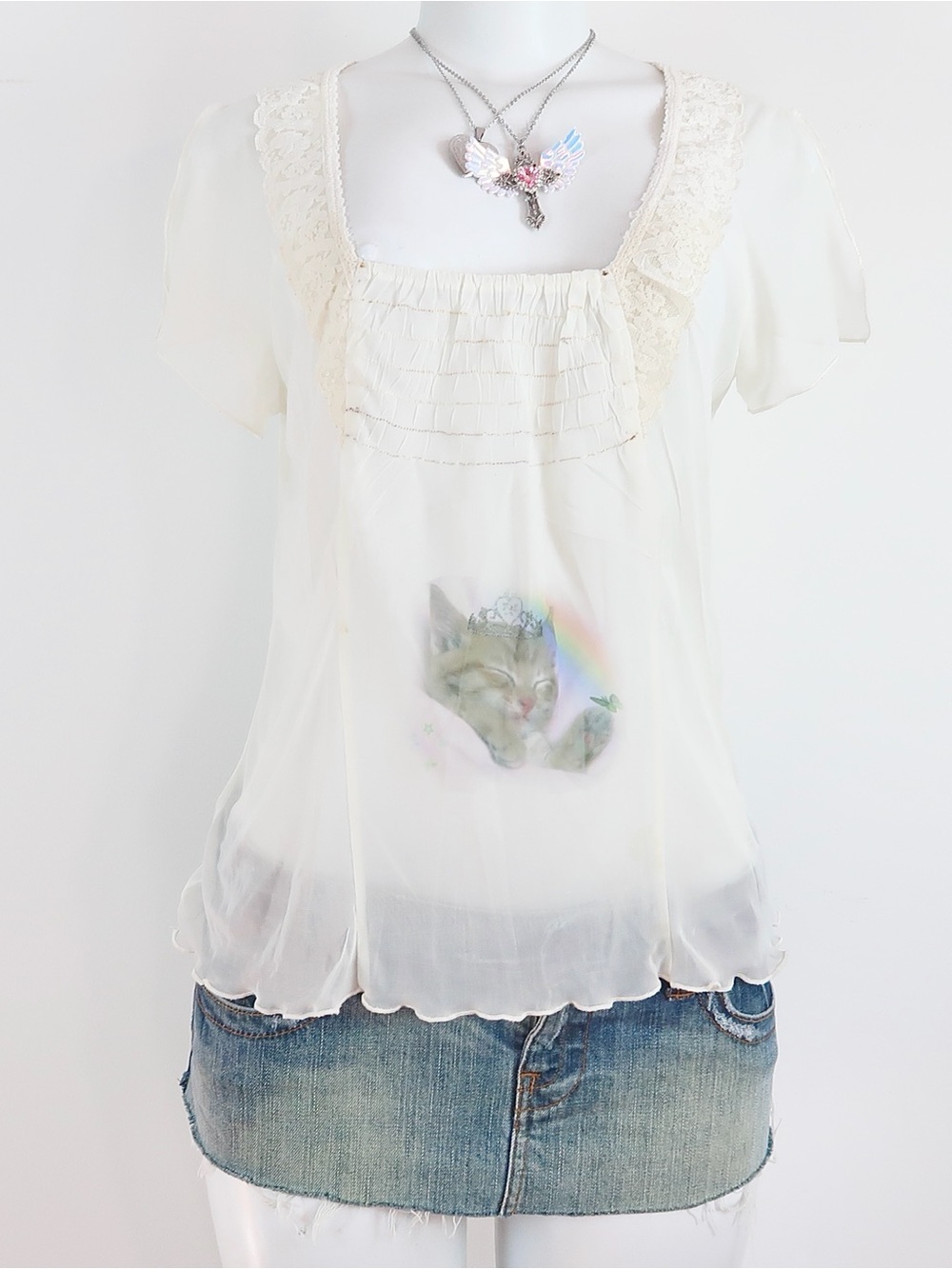 Divided Sheer Cream Blouse with Cat Print